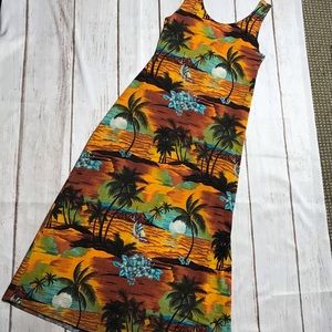 Tropical Print Sleeveless Maxi Dress in Gold, Brown, Blue, and green Size XL